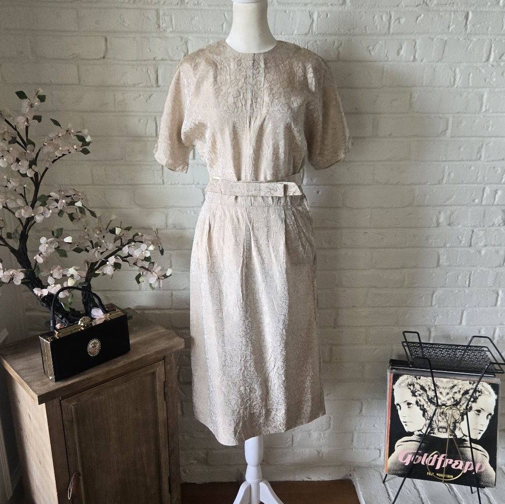 Vintage 1950s/60s Sheath Dress With Leaf Pattern, Gold/Beige, Party, Coc…